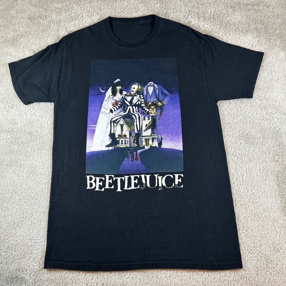 VTG Beetlejuice Graphic Tee Men Medium Black Movie Poster Short Sleeve T-Shirt